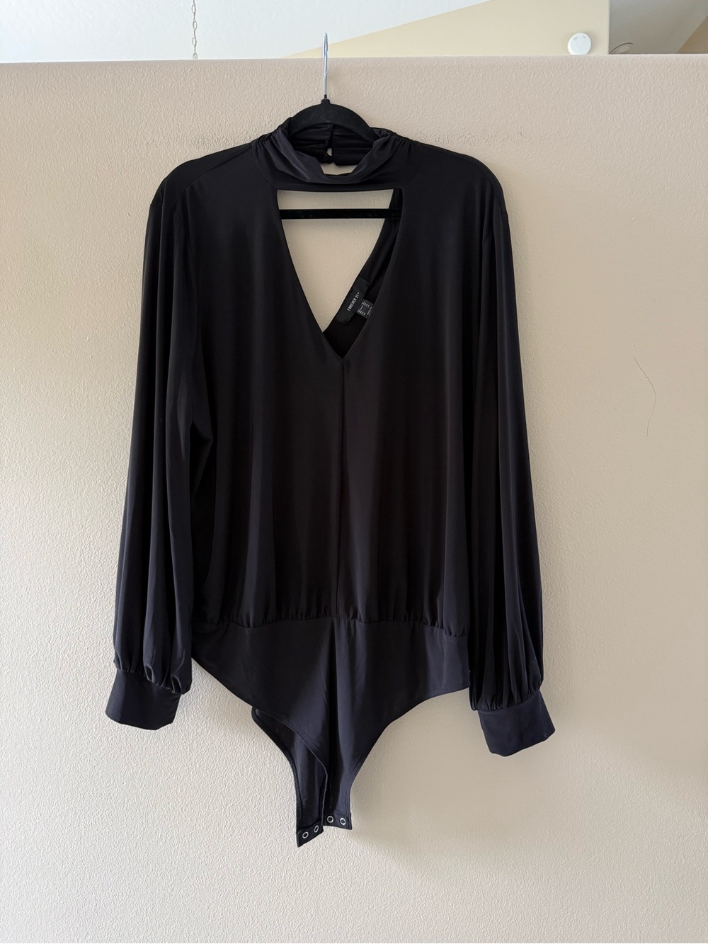 Forever 21 Black V-Neck Mock Collar Long-Sleeve Bodysuit